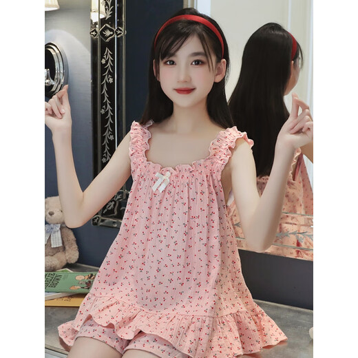Pema Chat Pyjamas Kindermädchen Große Kinder Hosenträger Pyjamas Pyjamas Hosenanzug Mädchen Ärmeloses koreanisches Riemen Center Weste zwei Stücke Dünnstil LDE-11304# Blue Cherry 170 Größe 16 Höhe 135-140 cm Gewicht 50-