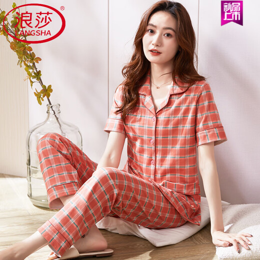 浪莎（LangSha）睡衣夏季女士纯棉短袖长裤夏季红色格子中年妈妈大码家居服 FTX-9923 M -建议80-95斤