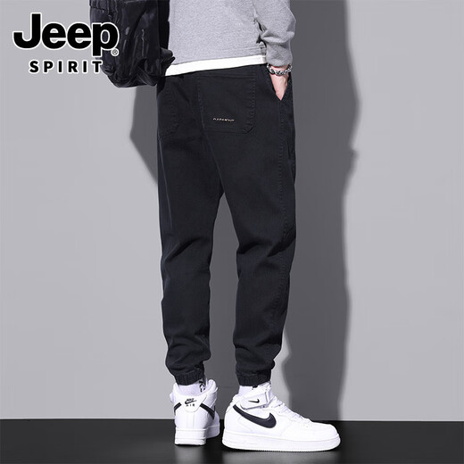 吉普（JEEP）夏天牛仔裤男士宽松束脚九分裤2025新款夏季薄款黑色休闲裤子 9859军绿 2XL