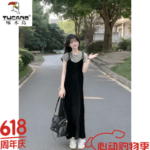 啄木鸟（TUCANO）【高品质】吊带连衣裙套装简约慵懒风甜美系带直筒裙叠穿灰色T恤 连衣裙子 S