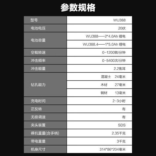 语森忆威克士20V锂电无刷电锤WU388充电式大功率工业级多功能冲击钻电镐 WU3886.0双电+闪充