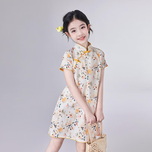 笛莎童装女童连衣裙2025夏季中大童新中式棉布旗袍裙 黄印花 160