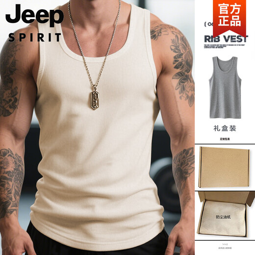 JEEP SPIRIT夏季工装复古白色棉健身背心运动老头汗衫跨栏重磅螺纹坎肩打底男 黑色 L (建议115-135斤)