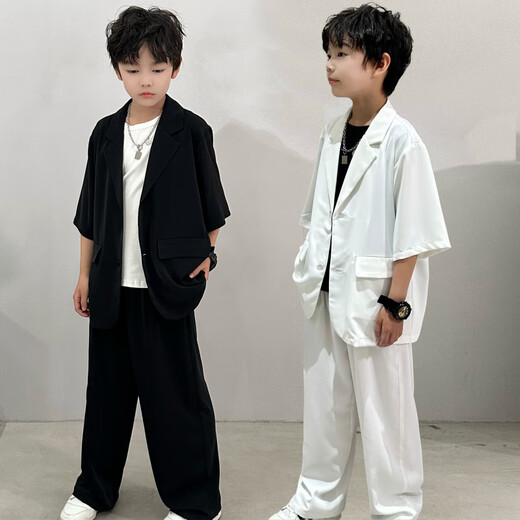 Burwilde international brand Elephant Dad children's clothing cool short-sleeved trousers suit 2025 summer high-end handsome middle-aged and older children's suit white top + pants two-piece set 150 (recommended height 141-150cm)