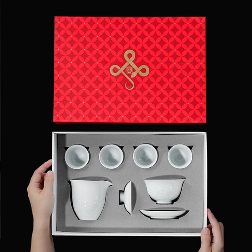 Jingdezhen ceramic Yingqing tea set high-end gift Chinese Kung Fu white porcelain tea bowl complete set gift for elders high-end tea gift Yuanshan tea set-Yingqing 8 pieces