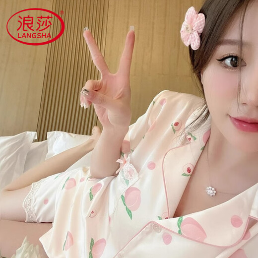 Langsha Light Luxury Seidenpyjamas für Frauen im Sommer Dünne süße Spitze Pfirsich kurzärmelige Hose dreiteiliger Set für Outdoor-Kleidung Pfirsich [kurzärmelige + Langwolken] 9905 2xl [Empfohlen 130-155jin [Jin gleich 0,5 kg]]