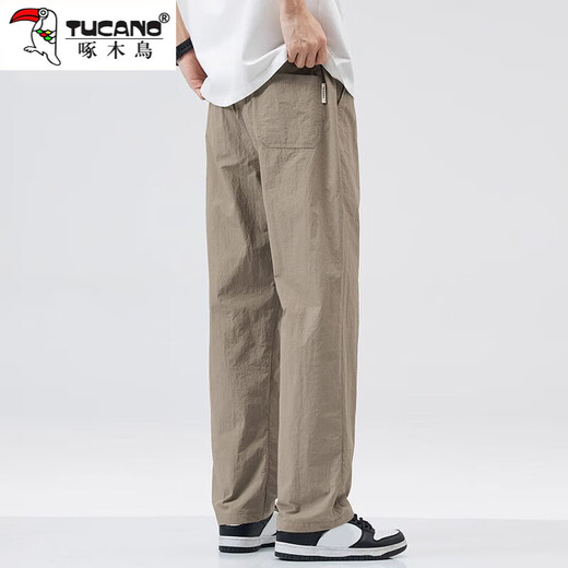 Woodpecker casual pants for men 2025 summer new ice silk loose straight trousers for men trendy versatile wide-leg pants for men 733 gray XL recommended 130-150Jin [Jin equals 0.5 kg]