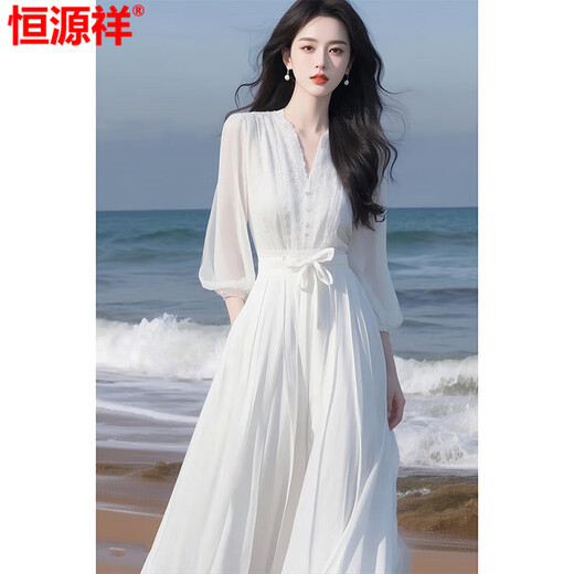 恒源祥白色新款连衣裙夏季温柔系穿搭高端精致轻奢高级感海边度假风 白色连衣裙2025上新 L 建议107-117斤