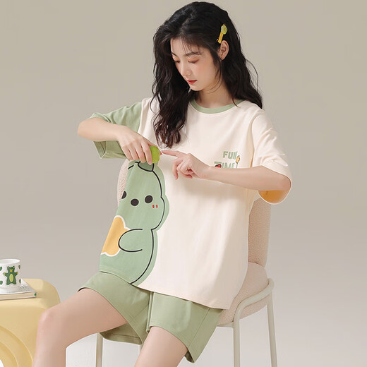 Opeodly睡衣女生夏季可外穿短袖感新款卡通可爱恐龙家居服套装2025年 679绿恐龙 L 【建议98-112斤】