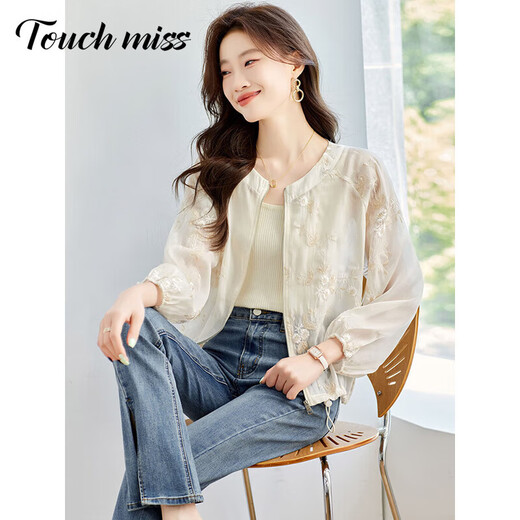 塔驰密司 TOUCH MISS高端中国风防晒衣女夏季2025新款宽松透气轻薄款防晒服短外套女 米色 XL 120-130斤