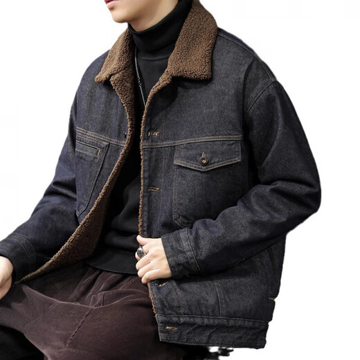 Winter velvet thickened denim jacket men's lamb velvet warm large size cotton coat slim men's casual work jacket blue black velvet original high quality L recommended 110-125Jin Jin equals 0.5 kg
