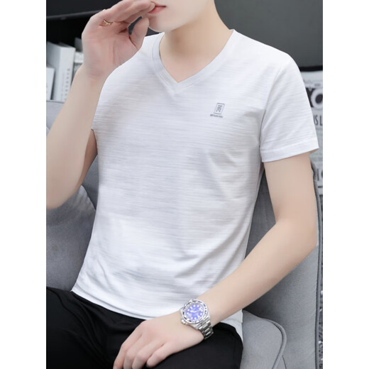 Lilang hochwertiger Sommer Pure Cotton V-Neck Jungen kurzärmelig T-Shirt Herrenmodik Mody Brand Solid Color Ice Seide halbärmelige neue Top-Basis Weiß Q693 Kurzärärmig M Empfohlen 90-100jin [Jin gleich 0,5 kg]