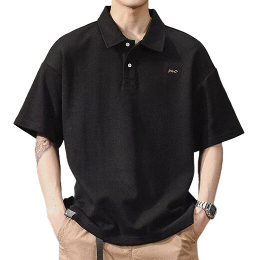 UKUHPK Japanisches Revers-Polo-Hemd kurzärmelig für Männer, vielseitiger, vielseitiger Baumwoll-T-Shirt, Sommer Lose-Hals-Top-Trend G691 Black + Grey M [Vorgeschlagen 90-110jin [Jin ist gleich 0,5 kg]]