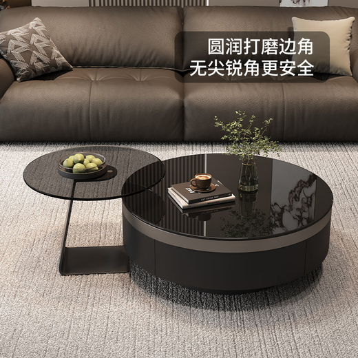 Yiyan round glass coffee table living room light luxury high-end small apartment Italian simple high-end modern Internet celebrity minimalist combination 70 single drawer pure black glass coffee table + side table