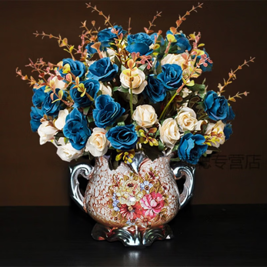 Bouquet de flores simulada en Rong Hongfa Mesa de comedor adornos de la sala del dormitorio Decoración del hogar Plantas de flores falsas Rose rojo + jarrón europeo de doble oreja
