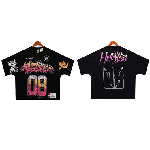 Lee Kids American Trendy Brand Hell Star Letter Camiseta con estampado de huellas Hombres y mujeres Siguiente manga corta de deportes sueltos 2691 Black S