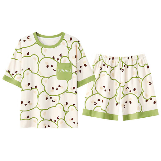 Urban Beauty Summer Short-Sleeved Pajamas Set for Women with Breast Pad All-in-One Home Clothes Spring and Autumn Large Size Thin Style Can Be Weared Outside in Summer GXT1047 2XL (Recommended 130-145 Jin Jin is equal to 0.5 kg)