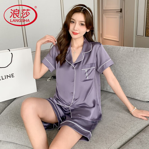浪莎轻奢短袖短裤睡衣女式高端新款夏天纯色真绸缎套装薄款休闲家居服 3899松绿 L (体重99到108)