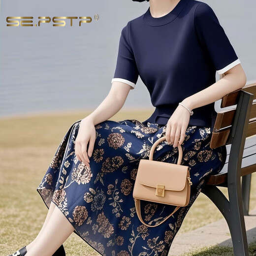 夏典素订女王（SE.PSTP）女装时尚2025新款夏装两件套装麻料欧货醋酸棉麻职业亚麻冰丝夏季 藏青色上衣+碎花半【专柜洋气质/ L