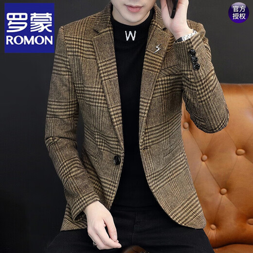 ROMON осенне-зимний утепленный шерстяной костюм, мужской корейский стиль, модный тонкий клетчатый костюм, повседневный шерстяной маленький пиджак 210, цвет хаки плюс бархат L