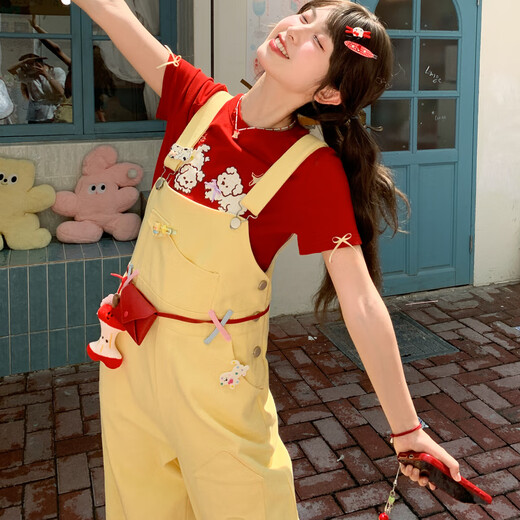 森女部落原创减龄卡通小狗绣花背带裤长裤宽松休闲裤女2025夏季 休闲裤（单件） L