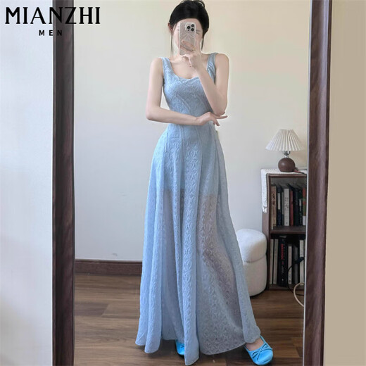 Vestido de suspensión azul francés de algodón para mujeres en verano 2025 Nuevo abrazadera de cintura y vacaciones de alta gama Falda larga Azul [408 Alta calidad 36.5] m 90-100Jin [Jin equivale a 0.5 kg]