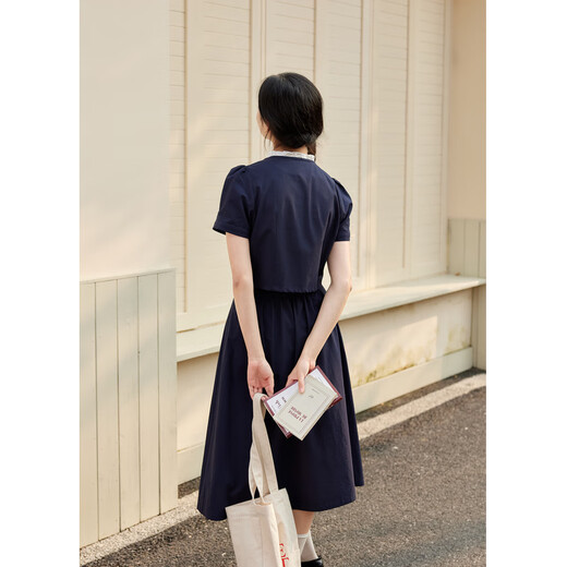 Zihan (ZIHAN) Zihan lace round neck puff sleeve top high waist pleated half length skirt two-piece suit for women 2025 summer new style dark navy S