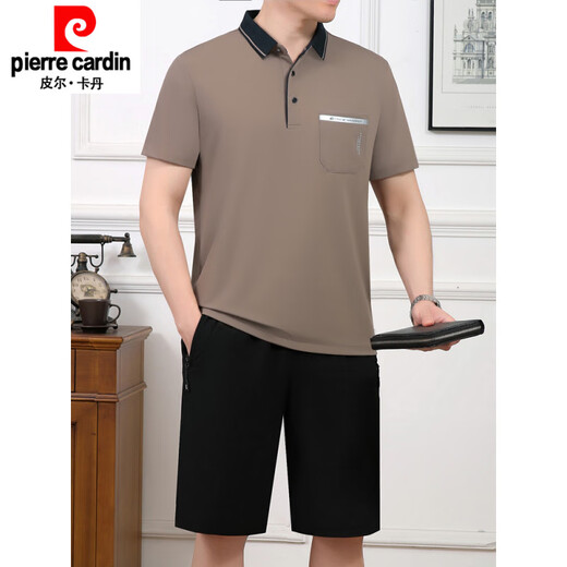 皮尔卡丹（pierre cardin）2025夏季新款中年男士爸爸父亲装冰丝短袖t恤短裤跑步运动服套装 693暗红 L 建议100斤-----120斤体恤+裤子