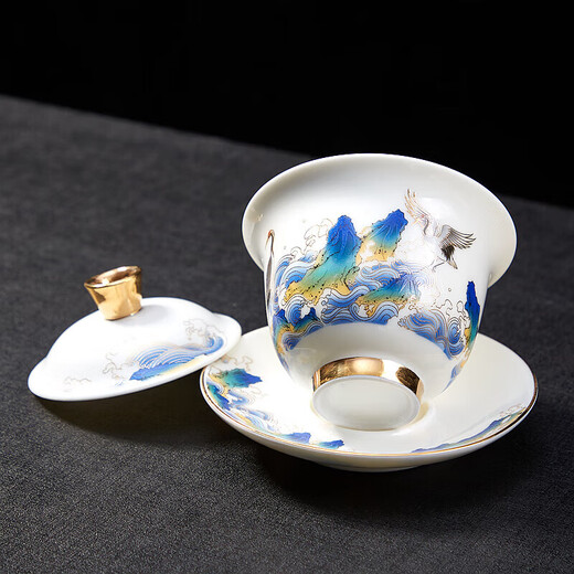 Xianjuren high-end gold silk enamel complete set of Kung Fu tea set thin body mutton fat jade white porcelain tureen tea cup set light luxury gift box Haiwen Crane Tea Ceremony Gift Pack 15 pieces