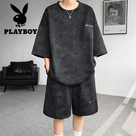 Playboy (PLAYBOY) summer suit men's niche design tie-dyeing 7-quarter sleeve T-shirt shorts trendy cool big size men's clothing set TZ757 tie-dyeing black L (recommended 110-125 Jin [Jin equals 0.5 kg])
