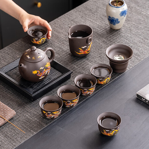 Original mineral purple sand tea set, color-changing dragon and phoenix teapot, kung fu tea cup, ceramic household tea set, a complete set of gift boxes, purple sand - dragon, phoenix, dragon and egg pot with four cups + black square plate