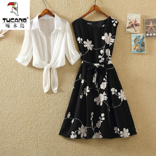 
Woodpecker Dress Set for Women's Summer New Retro Printed Little Black Skirt High-waisted Sleeveless Slim A-line Skirt Two-piece Top + White Printed Dress XL
