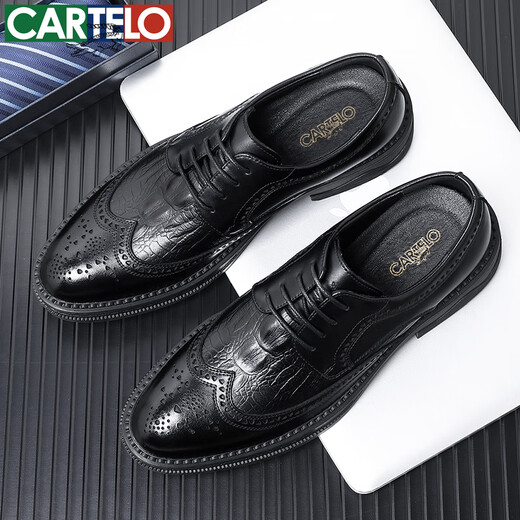 CARTELO crocodile leather shoes men's cowhide business casual formal wedding British brogue carved men's shoes 6533 black 42