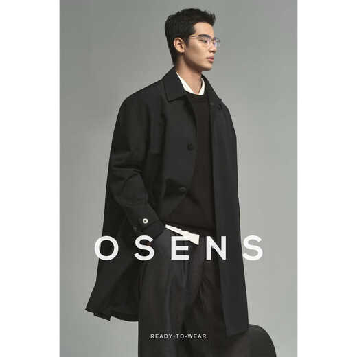 OSENS cotton three-proof fabric classic Balmakken windbreaker men's mid-length retro lapel jacket autumn dark navy ready stock XL (180/100A)