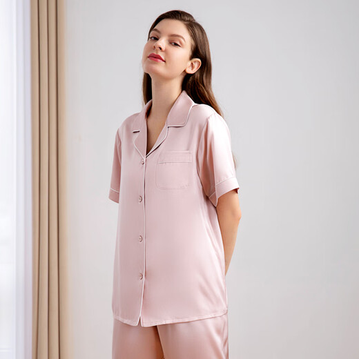 American Standard 19 Momi silk couple pajamas spring and summer women's short-sleeved trousers mulberry silk home clothes rose smoke powder XL