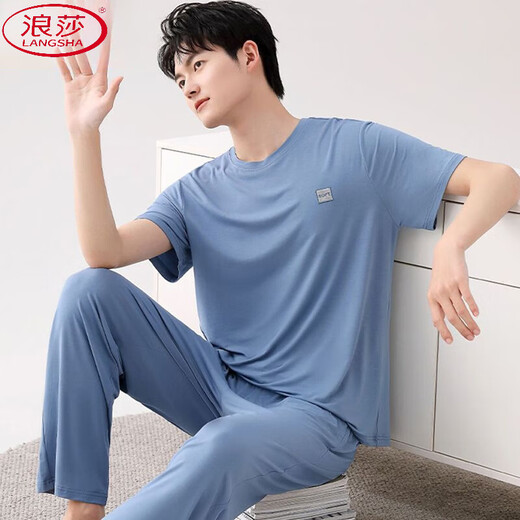浪莎（LangSha）柔软莫代尔棉睡衣男夏装新款短袖长裤薄款冰丝凉感男款家居服套装 AGF2687短长男 5XL 【200-220斤】