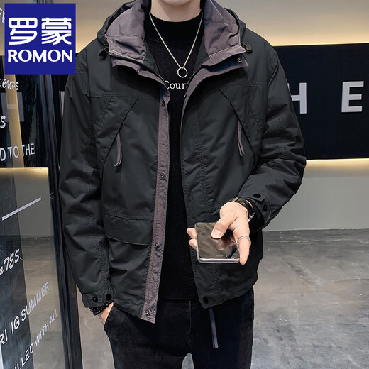 Romon Jacket Men's Autumn and Winter 2025 New Trendy Velvet Charge Top Men's Double Layer Casual Hooded Work Clothes Black Velvet Thickening It is recommended to go up one size XL Recommended 135-150 Jin Jin is equal to 0.5 kg