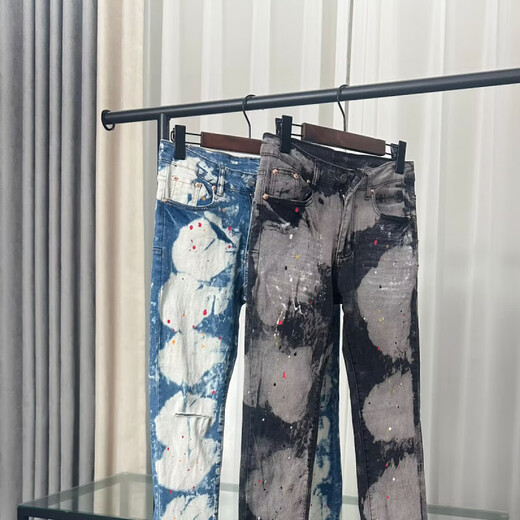 Chengzi Kuaishou Internet celebrity super hot light luxury jeans high street tide men American ink-blocked color slim foot jeans picture color 9871 28