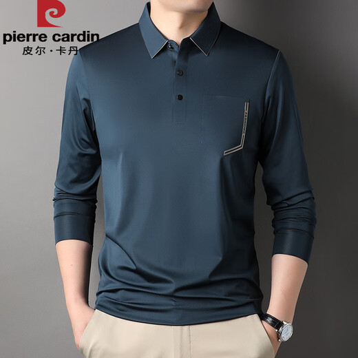 皮尔卡丹（pierre cardin）秋季冰丝无痕t恤男士长袖翻领polo衫凉感有口袋兜中年体恤爸爸装 灰色-7036 M 165