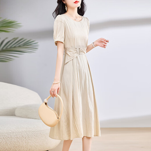 XAE Vestido de manga corta de marca de lujo de alta gama para mujer 2025 Verano Nuevo diseño Temperamento de cuello redondo que cubre el vientre y falda adelgazante Albaricoque L