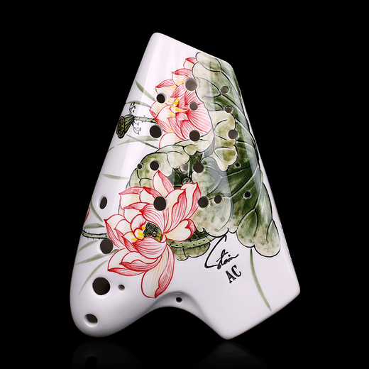 风雅陶笛（FENG YA OCARINA）风雅陶笛手绘三管中音C陶笛 演奏级三管AC 宽音域 三管荷花【后开孔】