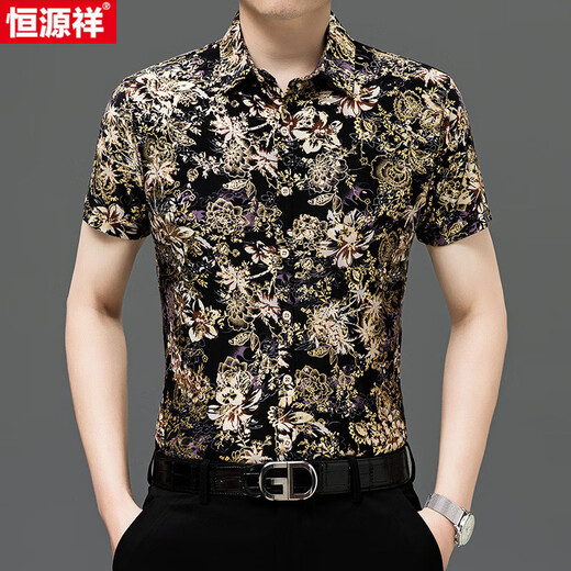 恒源祥夏季桑蚕丝短袖印花衬衫男冰.丝半袖免烫花衬衣休闲中年爸爸薄款 Y81-9898黑色 2XL 180【160-180斤】