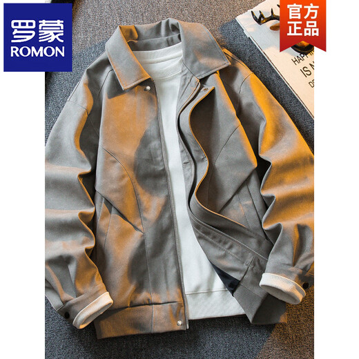 ROMON American retro distressed suede leather jacket men's spring and autumn trend versatile lapel handsome motorcycle jacket brown M (100-120Jin Jin equals 0.5 kg)