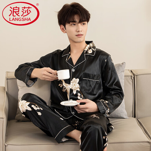 Langsha (Langsha) Frühlings- und Herbst-Pyjama-Männer mit langärmeligem Eis echte Seide, dünne Hauskleidung für Männer leichter Sommeranzug M6624 L [-140jin [Jin ist 0,5 kg]]]