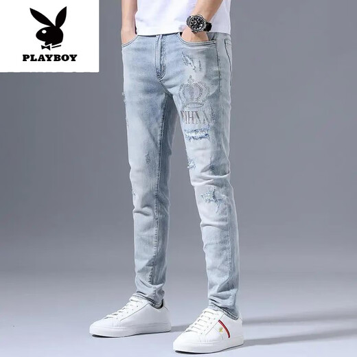 花花公子（PLAYBOY）夏季弹力牛仔裤男士破洞刺绣潮流修身小脚浅色百搭长裤子新品 浅蓝色3890皇冠破洞裤 36 【建议165-180斤】