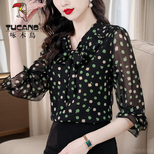 Woodpecker Wave Dot Long Sleeve Chiffon Shirt for Women in Spring and Summer New Bow Temperament Top Fashionable Middle-aged and Elderly Mother's Shirt Apricot 9923 Model M _90-100Jin [Jin equals 0.5 kg]