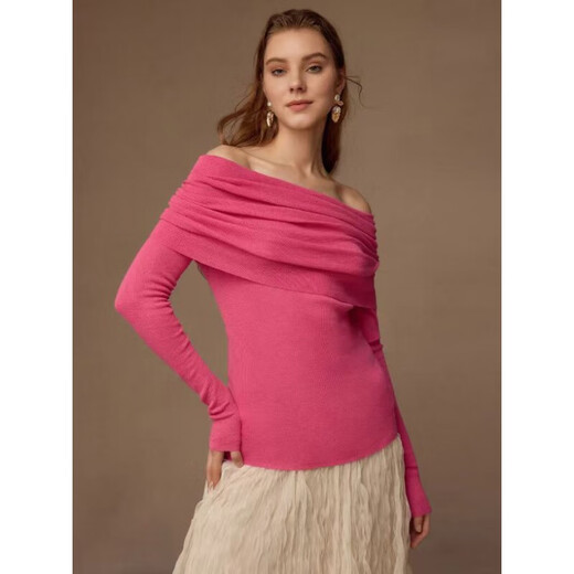 European and American cross-border spring and autumn wool off-shoulder sweater top for women slim solid color pullover one-length sweater base shirt rose red L