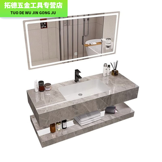 双层岩板无缝洗手台盆一体浴室洗漱洗脸盆酒店卫生间洗脸盆可定制 鱼肚白无缝盆【智能镜送五金全套 SQWY【1M2*50】已售3889件