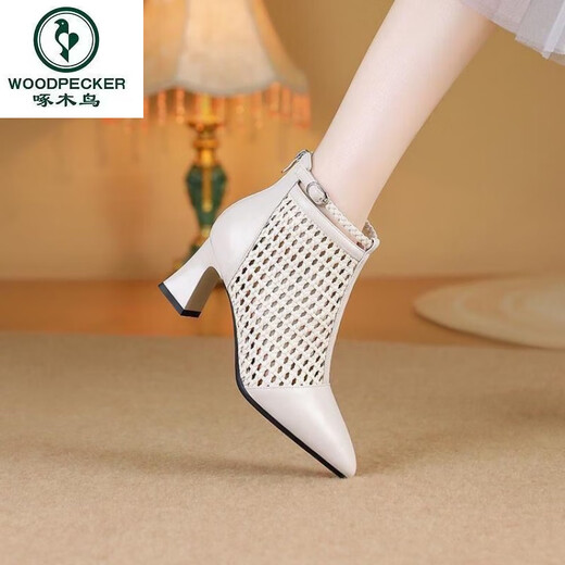 
Woodpecker 2025 new high heeled sandals braided temperament pointed toe thick heeled sandals women's mesh boots summer mesh women's shoes black 38