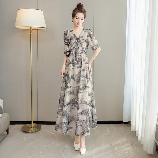 Cypress Vestido de cintura alta 2025 Summer NUEVA FURSA Long Long Long Vango de empalme elegante Falda impresa